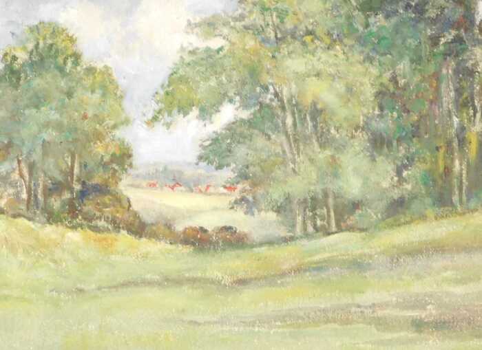 20th English School. Pastoral landscape, oil on board, 30cm x 40cm.