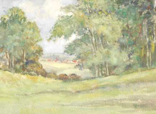 20th English School. Pastoral landscape, oil on board, 30cm x 40cm.