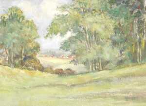 20th English School. Pastoral landscape, oil on board, 30cm x 40cm.