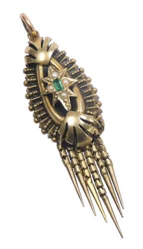 A Victorian emerald and seed pearl tassel pendant, with a star shaped inlaid central motif, in...