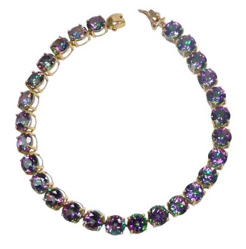 A 9ct gold and mystic topaz tennis bracelet, on a snap clasp, 10.9g, 18.5cm long.