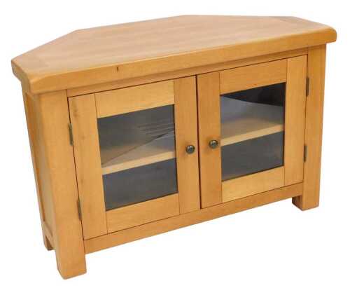 A modern light oak television stand, with two glazed doors, on stiles, 68cm high, 104cm wide,...