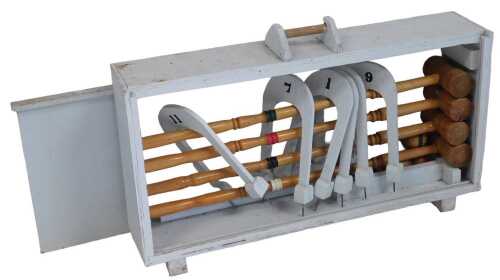 A croquet set, in a grey painted wooden case, 96cm wide.