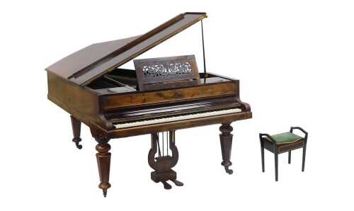 A Victorian rosewood baby grand piano, by John Broadwood & Sons of London, with a piano stool,...
