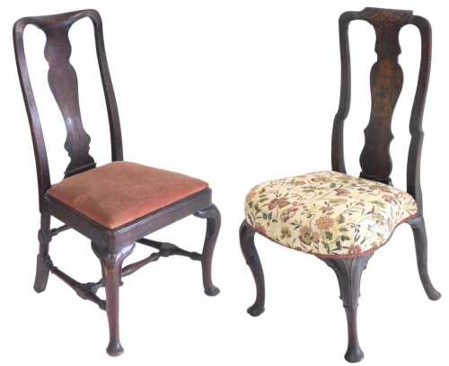 An 18thC Dutch walnut and marquetry side chair, the solid splat decorated with urns, scrolls,...