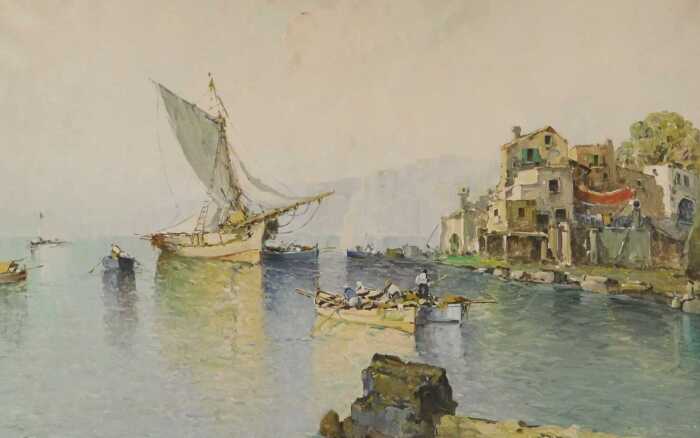 Italian School (late 20thC). Mediterranean coastal scene with fishing boats, oil on canvas,...