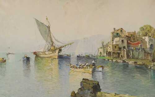Italian School (late 20thC). Mediterranean coastal scene with fishing boats, oil on canvas,...