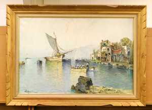 Italian School (late 20thC). Mediterranean coastal scene with fishing boats, oil on canvas,... - 2