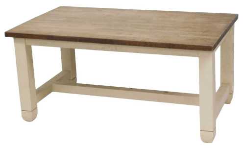 A light oak refectory table, the fine planked top on a cream painted base with a X shaped...