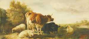 After Thomas Sidney Cooper (1803-1902). Resting cattle and sheep, oil on board, 18cm x 38cm.