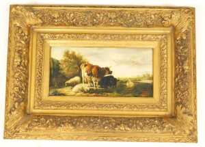 After Thomas Sidney Cooper (1803-1902). Resting cattle and sheep, oil on board, 18cm x 38cm. - 2