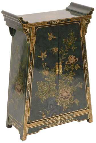 A Chinese green lacquer altar cabinet, painted with birds and flowers, with two hinged doors...