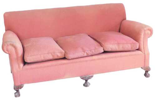An early 20thC mahogany sofa, upholstered in brown and blue fabric, with three cushions, on...