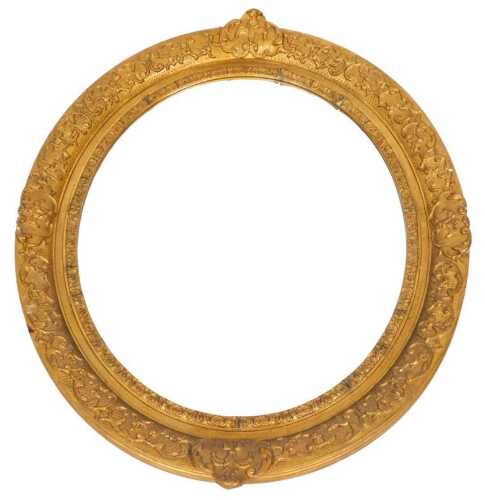 A gilt gesso oval wall mirror, the frame decorated with scrolls, etc., 84cm x 101cm.