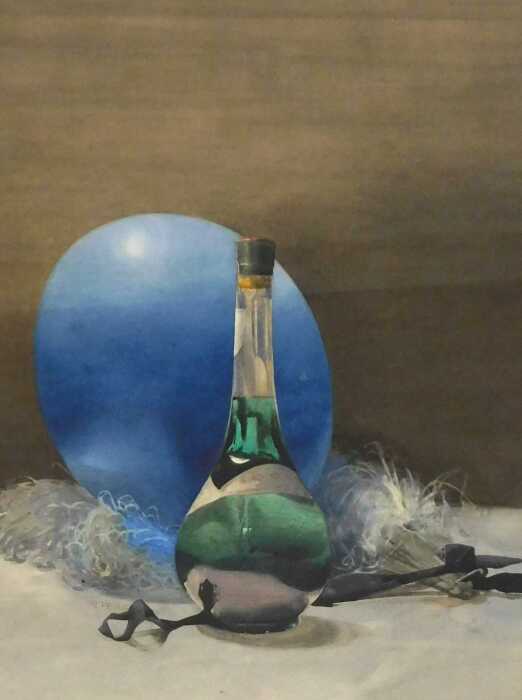 Norah Pearse (1890-1981). Still life of a liqueur bottle, feather fans, and party paraphernalia,...