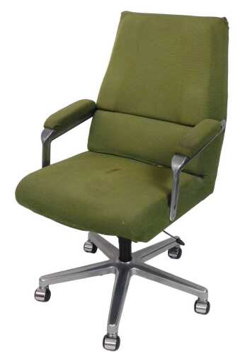 A vintage aluminium and green upholstered swivel office armchair, with adjustment lever and a...