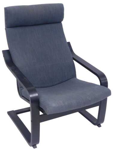 V - An Ikea Poang black bentwood armchair, with grey cushion seat and back, 88cm wide.