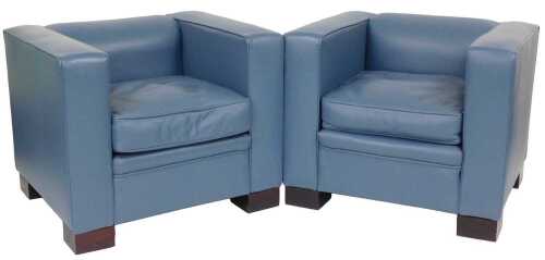 A pair of 2002 David Linley 'Max' cubist design steel blue coloured leather armchairs, with...