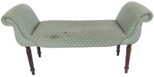 An early Victorian oak window seat, with scroll ends, upholstered in turquoise and cream floral...