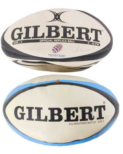 A Gilbert rugby ball, size 5, signed by Leicester Tigers player Martin Gilbert, and a further...