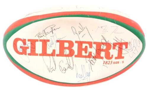 A Gilbert Leicester Tigers Rugby Football Club ball, signed by approx twenty two players.