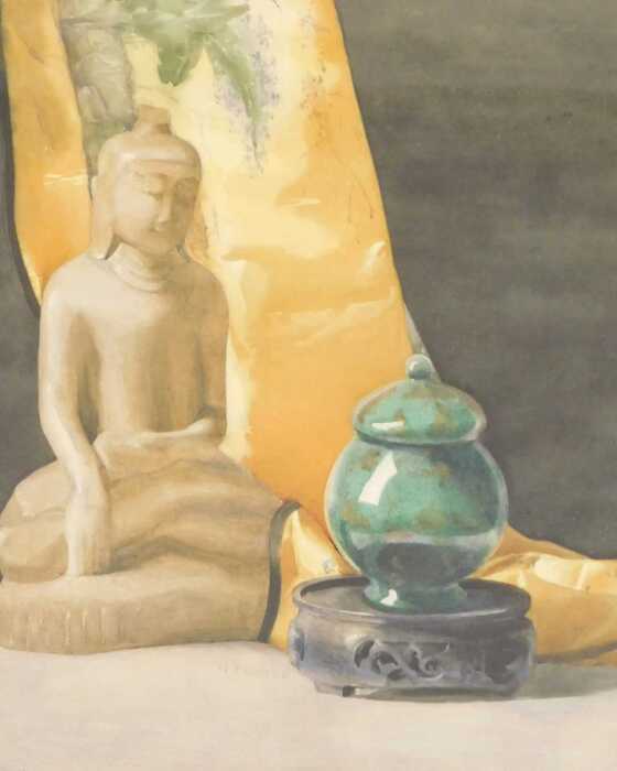 Norah Pearse (1890-1981). Still life of a seated Buddha sculpture, urn on stand, and a wisteria...