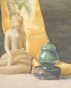 Norah Pearse (1890-1981). Still life of a seated Buddha sculpture, urn on stand, and a wisteria...