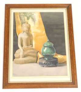 Norah Pearse (1890-1981). Still life of a seated Buddha sculpture, urn on stand, and a wisteria... - 2