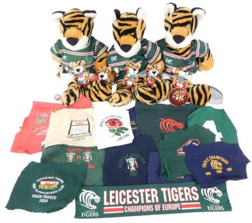 Seven Leicester Tigers soft toys, miniature scarf and shirt remnants, etc.