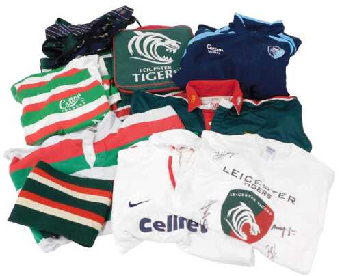 Assorted Leicester Tigers Rugby Football Club clothing, including ties, rugby shirts and scarves,...