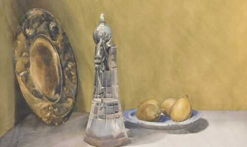 Norah Pearse (1890-1981). Still life of a flagon, charger, and a bowl of lemons, watercolour,...