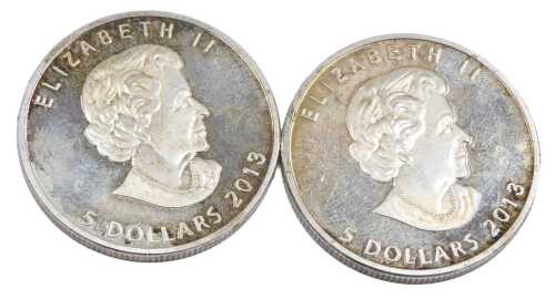 Two Canadian maple leaf coins, both marked Canada Silver 1oz, but each weighing 0.96oz.