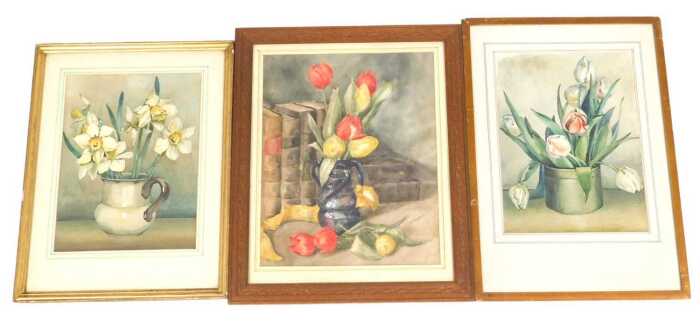 Norah Pearse (1890-1981). Still life of tulips in a vase, and books, watercolour, signed, 44cm x...
