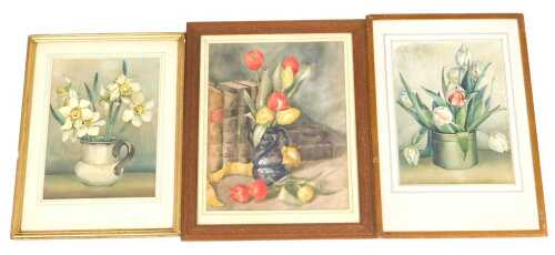 Norah Pearse (1890-1981). Still life of tulips in a vase, and books, watercolour, signed, 44cm x...