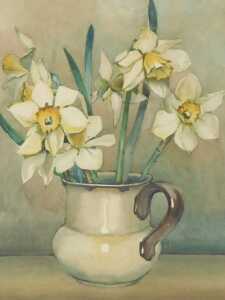 Norah Pearse (1890-1981). Still life of tulips in a vase, and books, watercolour, signed, 44cm x... - 2