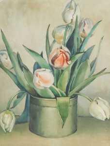 Norah Pearse (1890-1981). Still life of tulips in a vase, and books, watercolour, signed, 44cm x... - 3