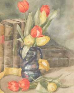 Norah Pearse (1890-1981). Still life of tulips in a vase, and books, watercolour, signed, 44cm x... - 4