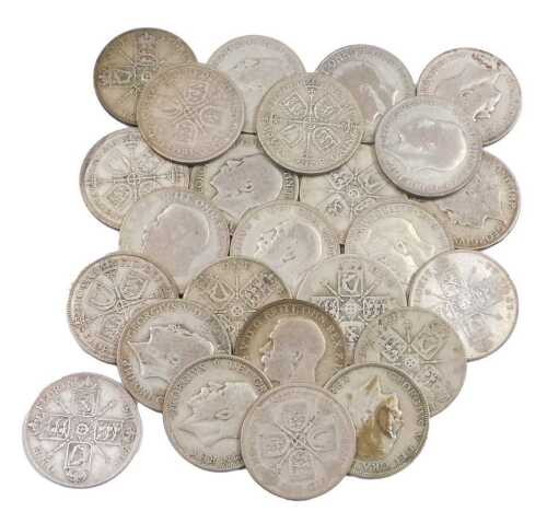 Assorted George V silver florins, 1920 onwards, 8.84oz all in.