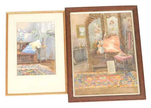 Norah Pearse (1890-1981). Interior scene with a screen, coffer and a chair, on a rug,...