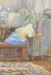 Norah Pearse (1890-1981). Interior scene with a screen, coffer and a chair, on a rug,... - 2