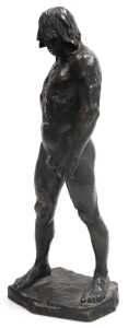 A late 20thC bronze figure of a nude Neanderthal man, modelled in standing pose, holding a... - 2