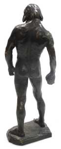 A late 20thC bronze figure of a nude Neanderthal man, modelled in standing pose, holding a... - 3