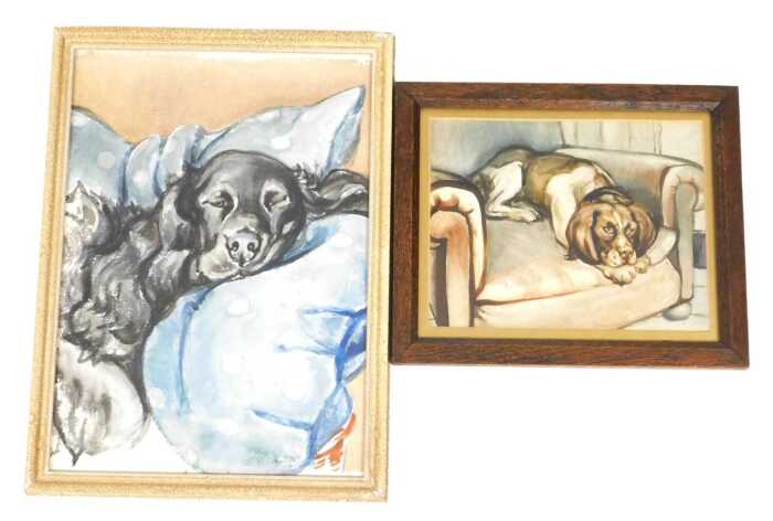 Norah Pearse (1890-1981). A black Labrador resting on a chair, watercolour, unsigned, 35cm x...