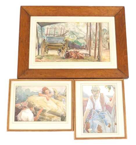 Norah Pearse (1890-1981). Farmyard scene with resting cattle and a cart, watercolour, unsigned,...