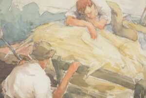 Norah Pearse (1890-1981). Farmyard scene with resting cattle and a cart, watercolour, unsigned,... - 3