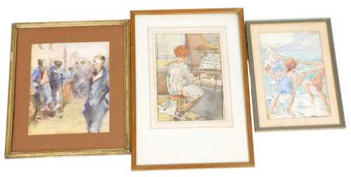Norah Pearse (1890-1981). Three children frolicking in the sea, watercolour, unsigned, 24.5cm x...