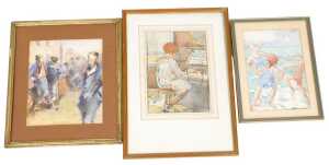 Norah Pearse (1890-1981). Three children frolicking in the sea, watercolour, unsigned, 24.5cm x...