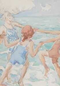 Norah Pearse (1890-1981). Three children frolicking in the sea, watercolour, unsigned, 24.5cm x... - 4
