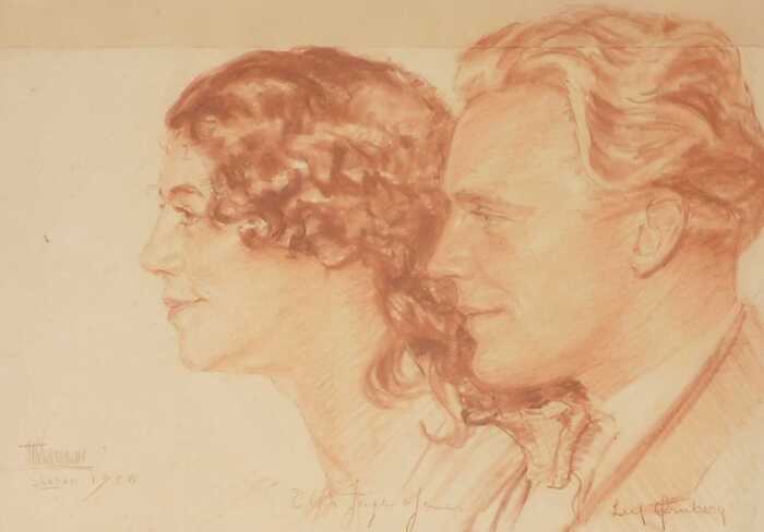 20thC German School. Double profile portrait of a lady and gentleman, red crayon, indistinctly...