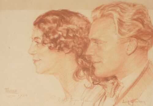 20thC German School. Double profile portrait of a lady and gentleman, red crayon, indistinctly...